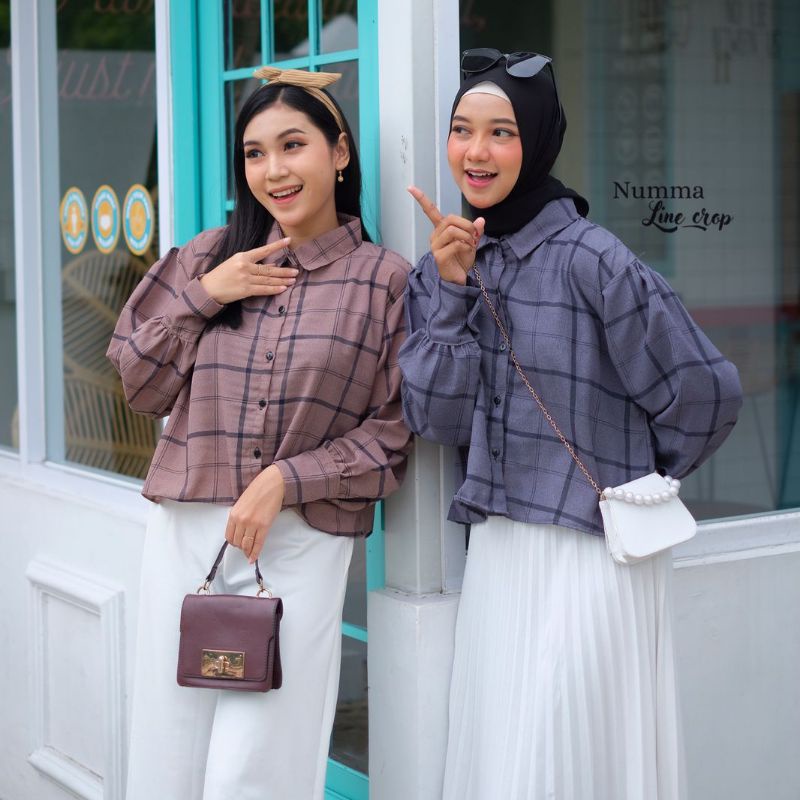 KEMEJA CROP OVERSIZE MOTIF FLANEL ATASAN WANITA NUMMA KIMBERLY GUILEN SHIRT KOREAN STYLE BAHAN WOLFIS - ALLSIZE FIT XL