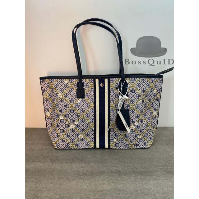 Tory Burch T Monogram Top Zip Floral Vine Tote Bag Navy
