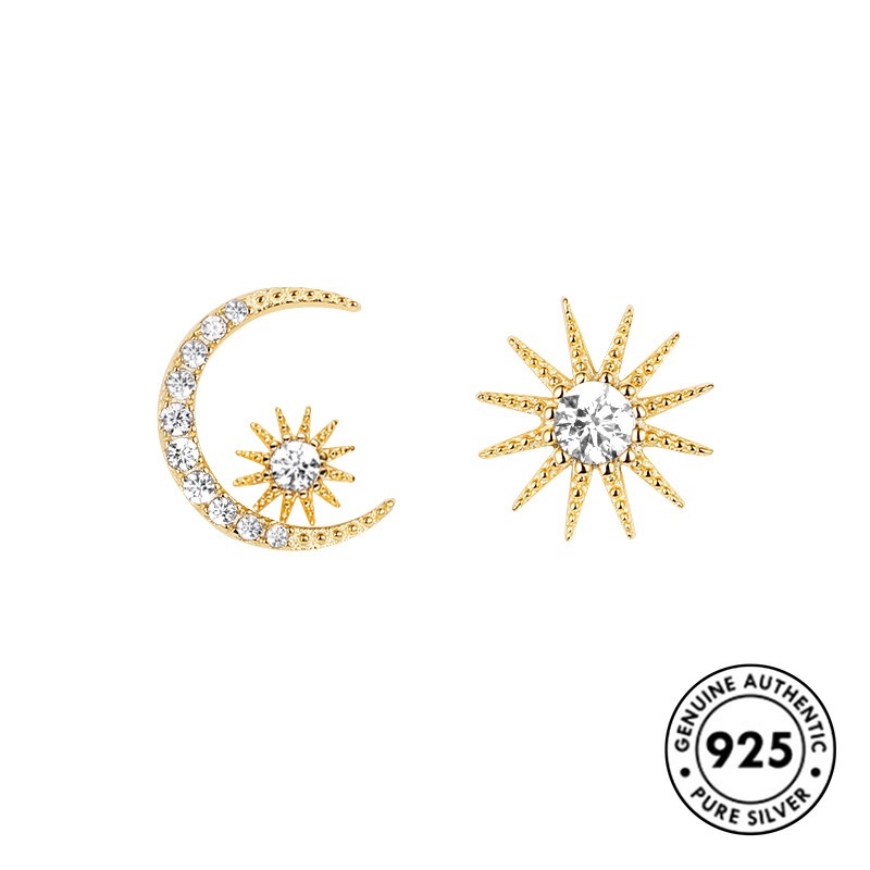 Anting Tusuk Sterling Silver 925 Desain Bintang / Bulan Hias Berlian Imitasi Elegan Untuk Wanita