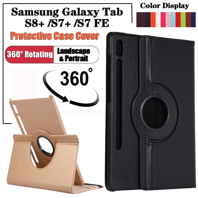 Casing Flip Samsung Galaxy Tab S7 FE S8 Plus S8 + S7 + 12.4 &quot;SM-X800 SM-X806 SM-T730 SM-T733 SM-T736B SM-T970 360 Derajat SM-T6° Case Bahan Kulit Dengan Stand Rotasi