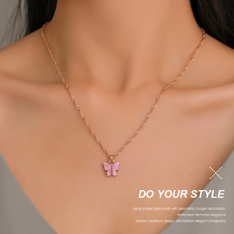 New Fashion Butterfly Pendant Necklace Korean Style Sweet Color Butterfly Necklace Acrylic Clavicle Chain