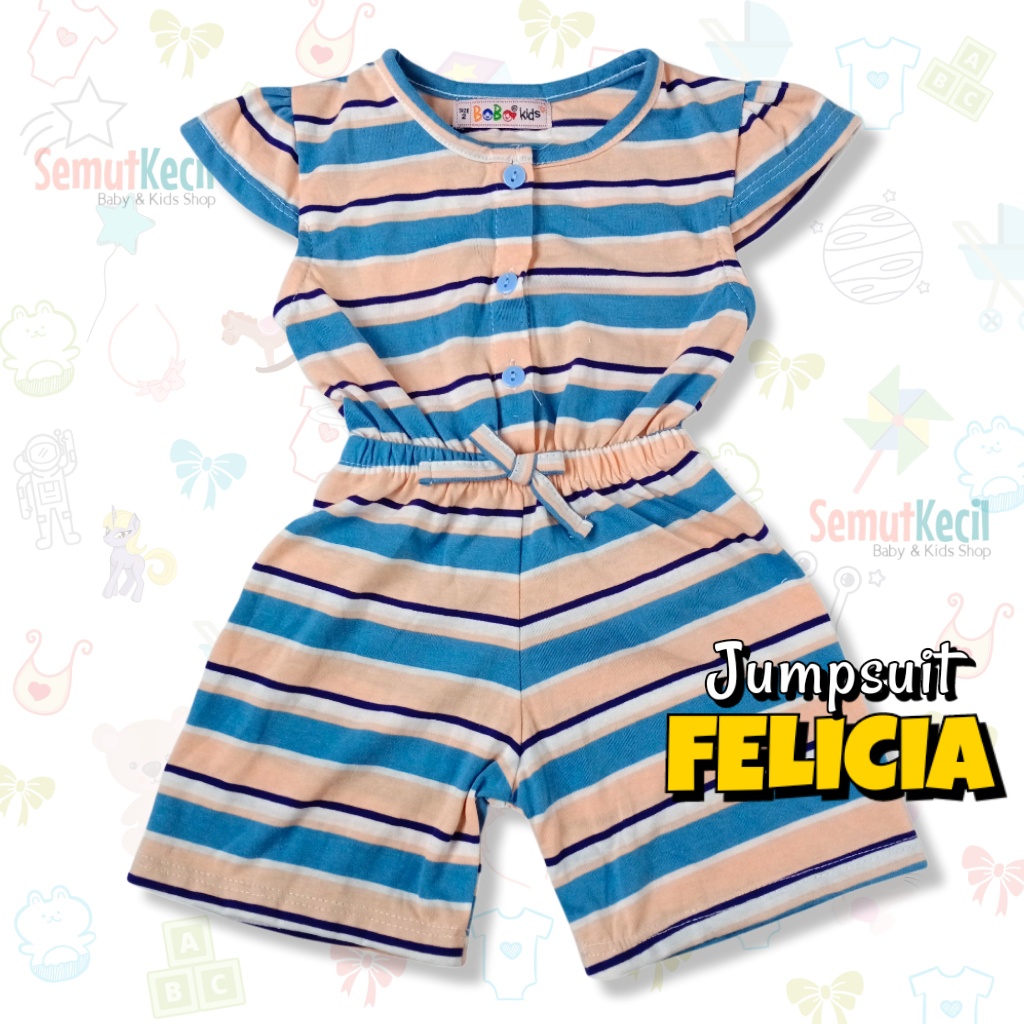 FELICIA 0-2,5 THN JUMPSUIT ANAK BAYI PEREMPUAN Jamsuit Jumsuit Pendek Kaos Pakaian Baju Anak Bayi Balita Bobo Kids-1A StripBluPeachWhit