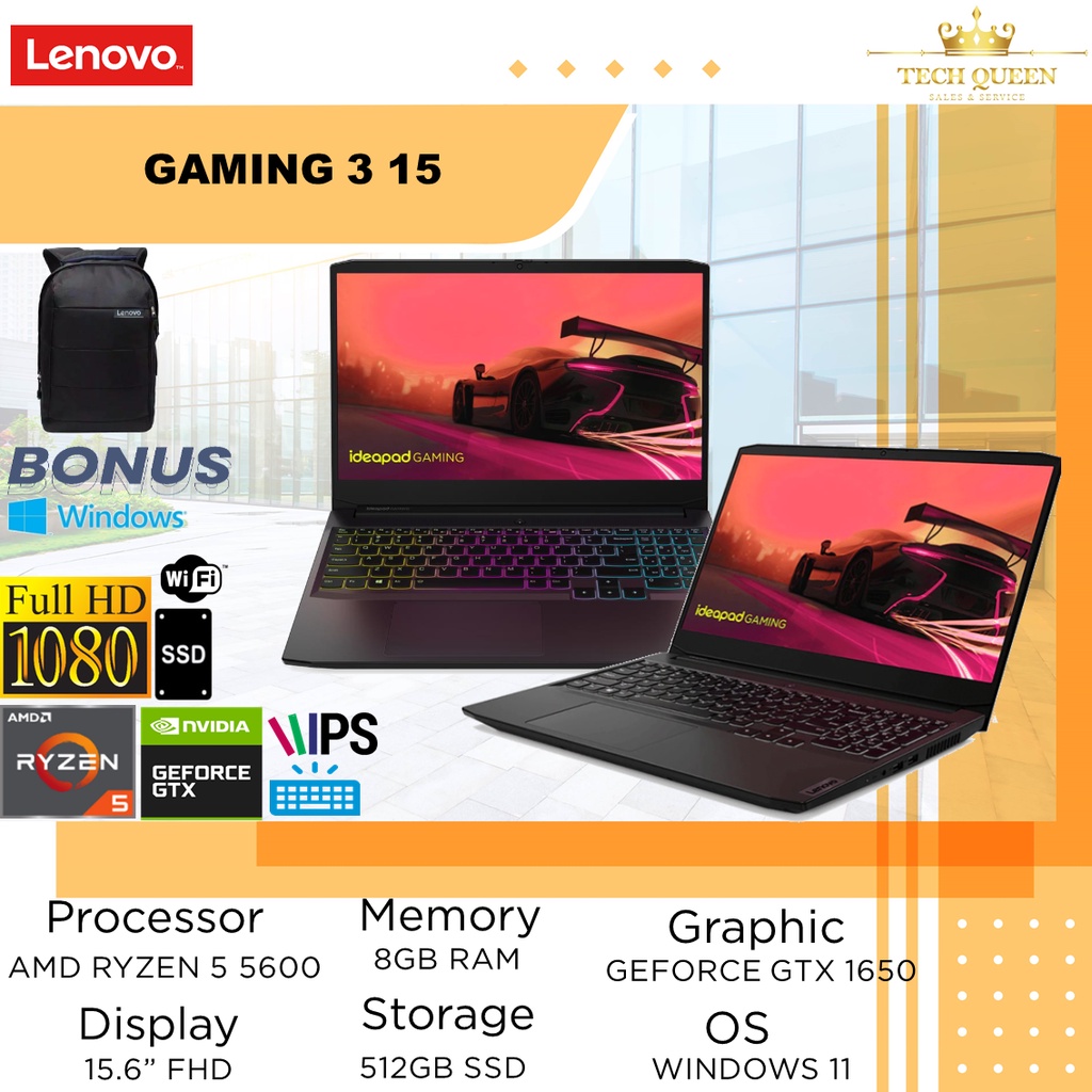 Lenovo Gaming 3 15 Ryzen 5 5600H - 16GB 512SSD GTX1650 4GB W11+OHS 15.6 Inchi FHD 120HZ 4ZRGB