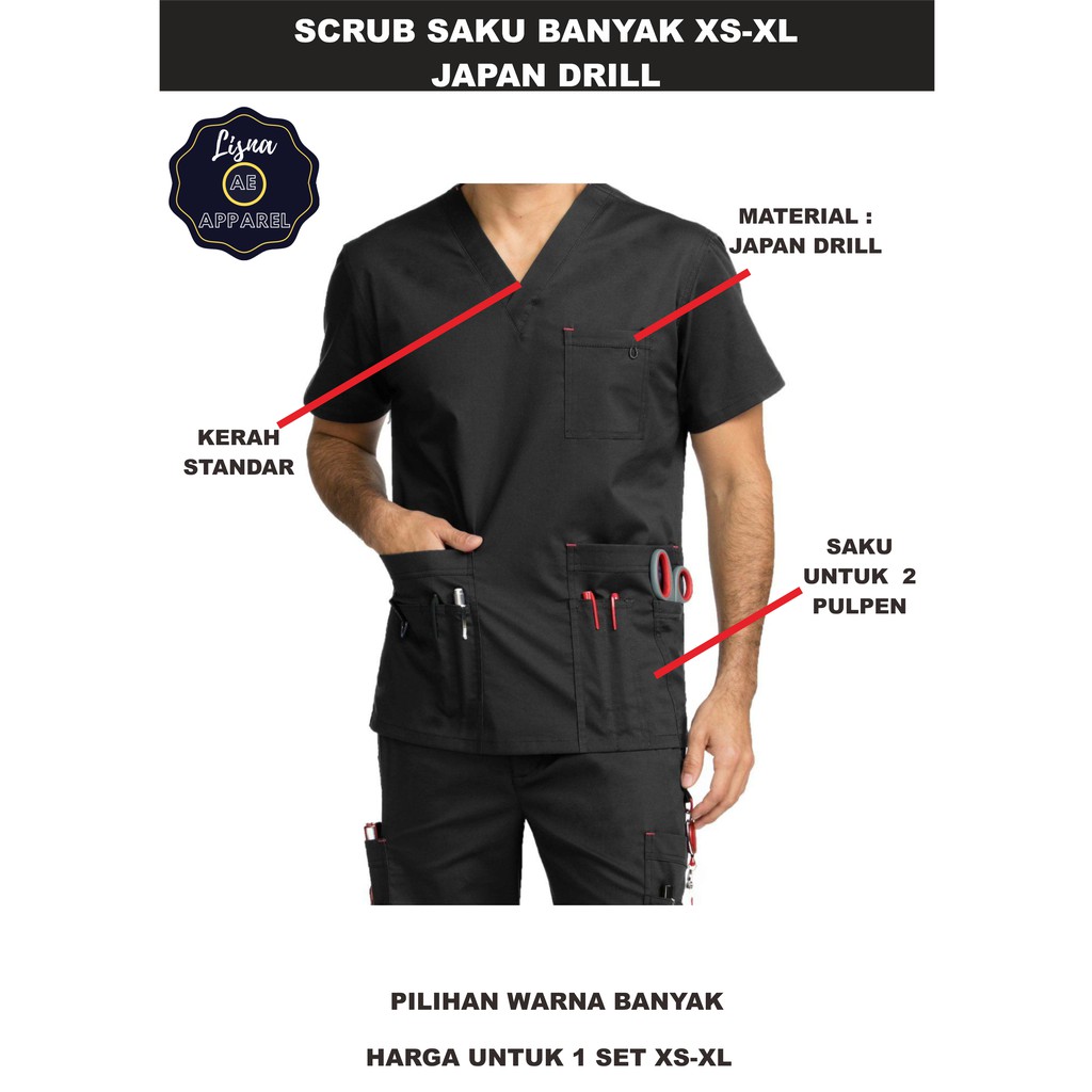 Baju Jaga Medis Doctor Scrub APD OKA Saku Banyak Japan Drill XS-XL