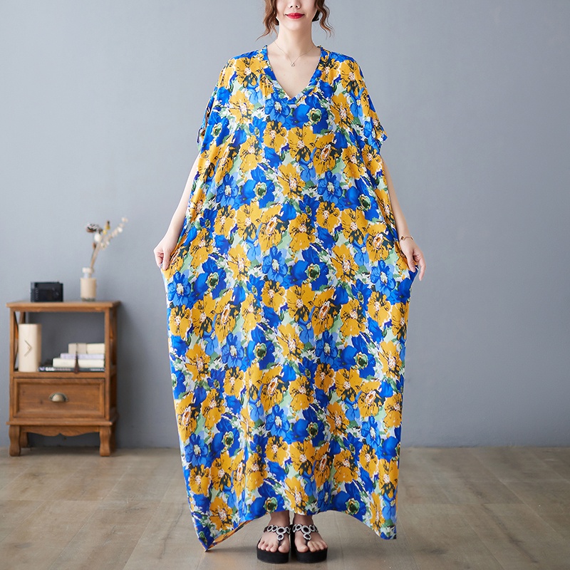 ⭐Dress oversize wanita dress besar motif bunga bunga biru kuning dress import