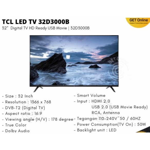 TCL LED Digital TV 32&quot; DVB-T2 HDMI USB Movie 32D3000B 32D3000 LED TV