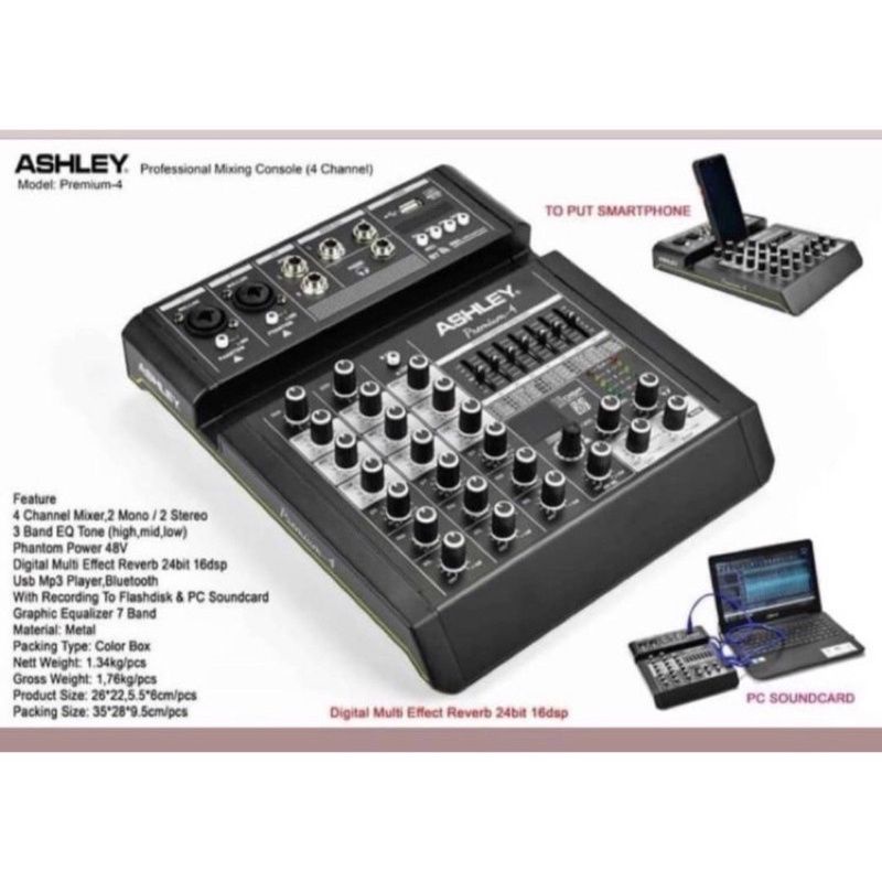 Mixer Ashley Premium 4 Original 4 Channel Bluetooth - USB With Soundcard