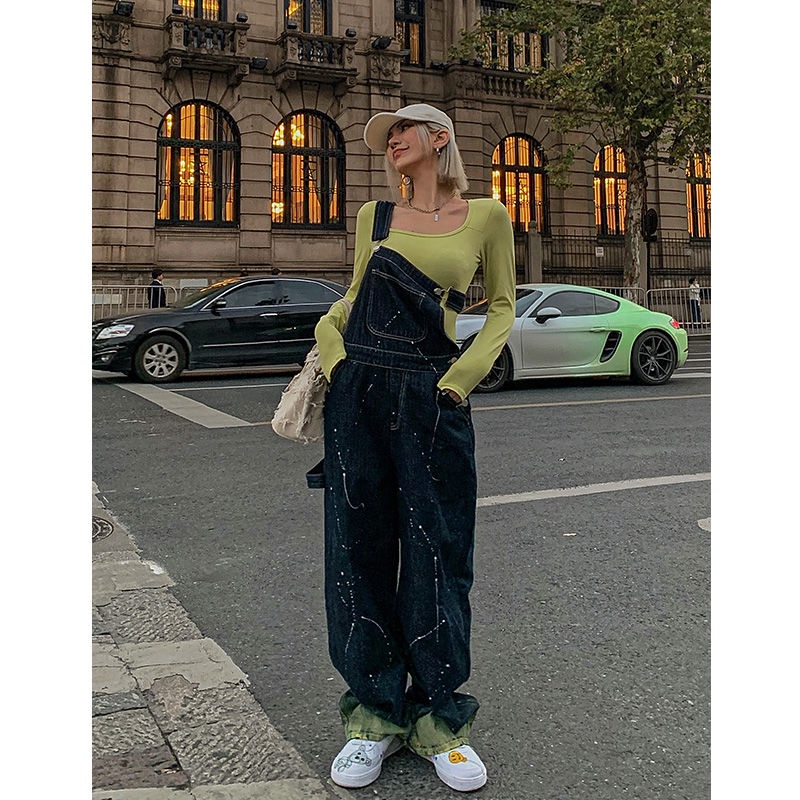 Kunbai ink suspender jeans wanita Amerika retro longgar lurus celana lebar kaki ins celana ramping w