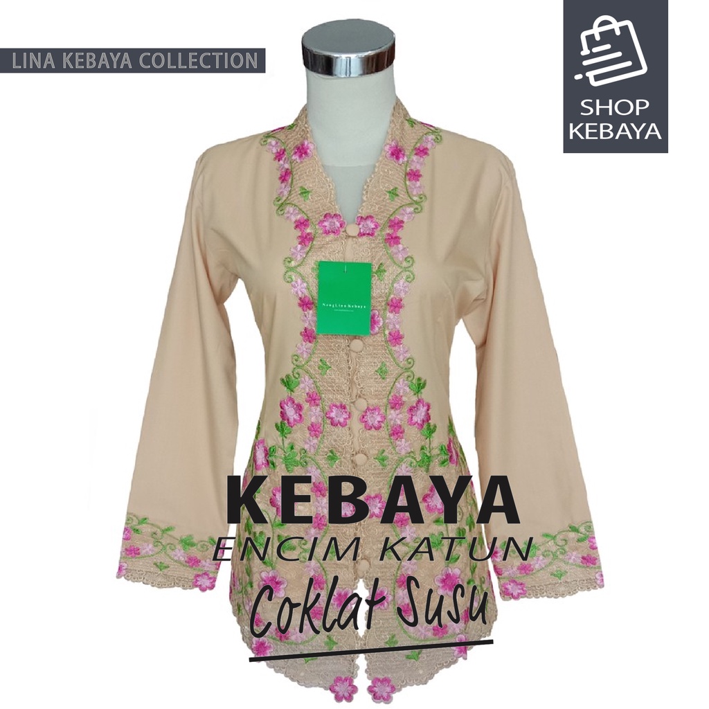 Kebaya Encim Kartini Katun Bordir Modern Coklat Susu Kombinasi Lengan Panjang Bigsize Jumbo