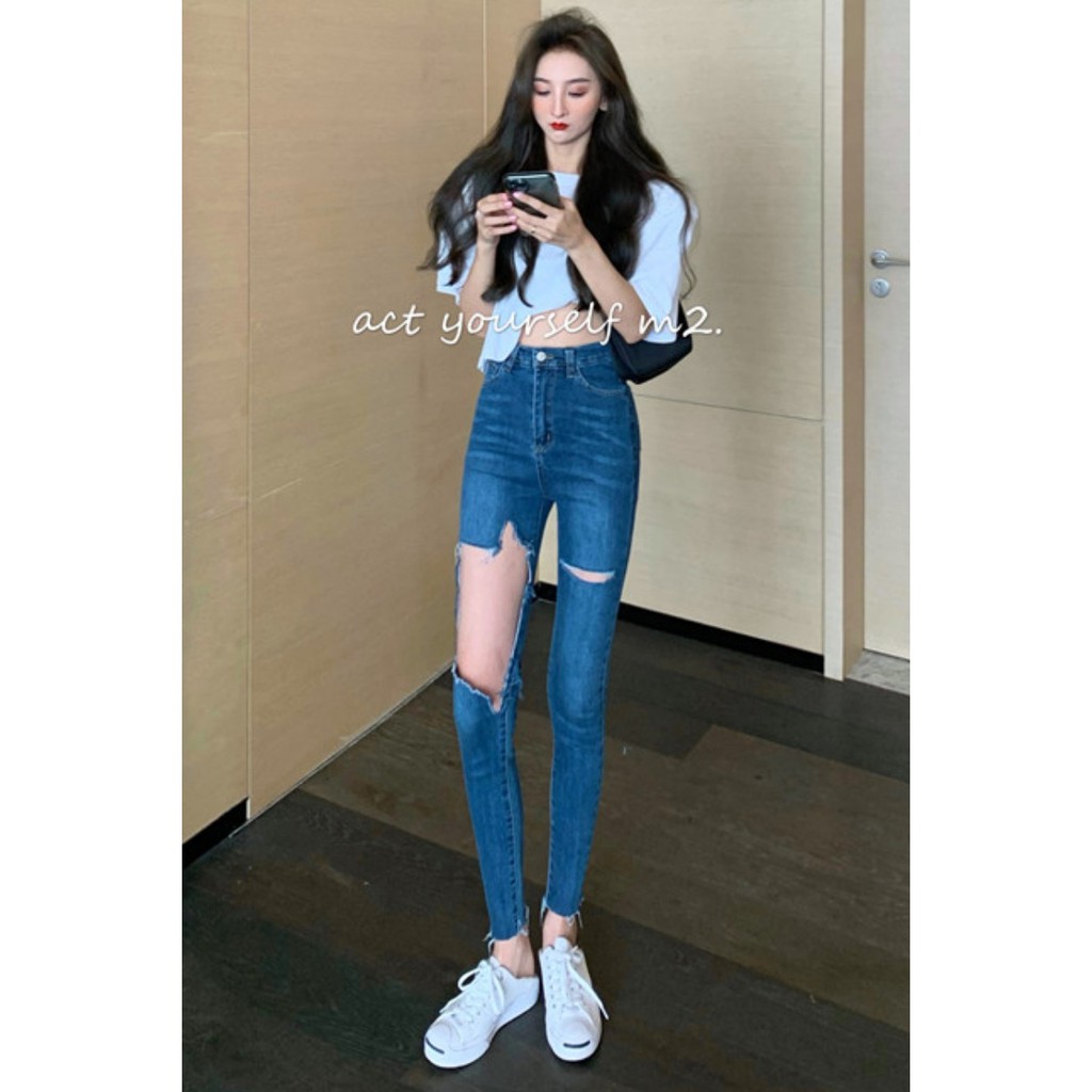 Baru Fashion Tinggi Pinggang Robek Keren Kurus Celana Slim Fit Pensil Celana Jeans