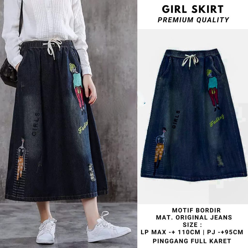 Orimoza Xandra Rok Jeans Panjang Kancing Depan Button Denim Skirt Snow-ROK GIRLS SKIRT