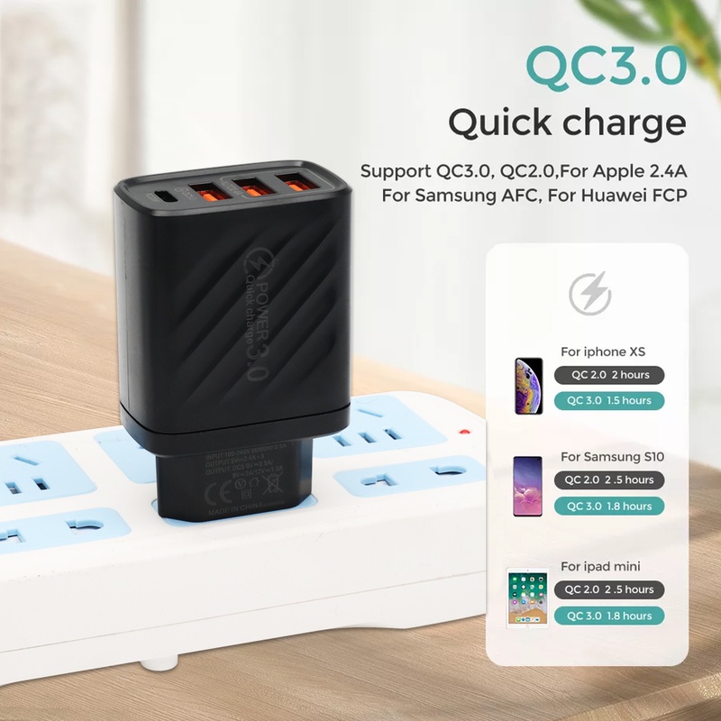 Adapter Charger Dinding Universal 3 Port Usb Tipe C Qc 3.0 10w 5v 2a Untuk Iphone / Android