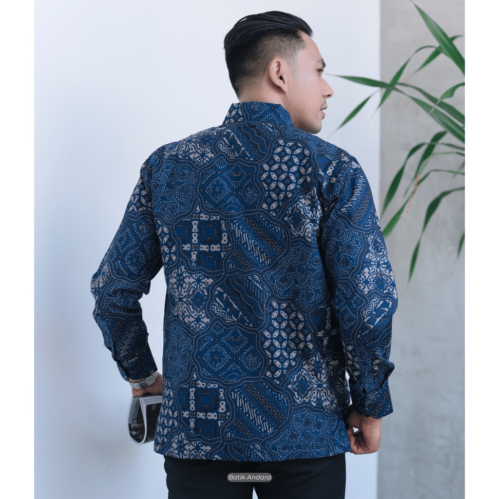 Djabir Baju Batik pria Lengan Panjang Modern slimfit Kasual Jagu Biru