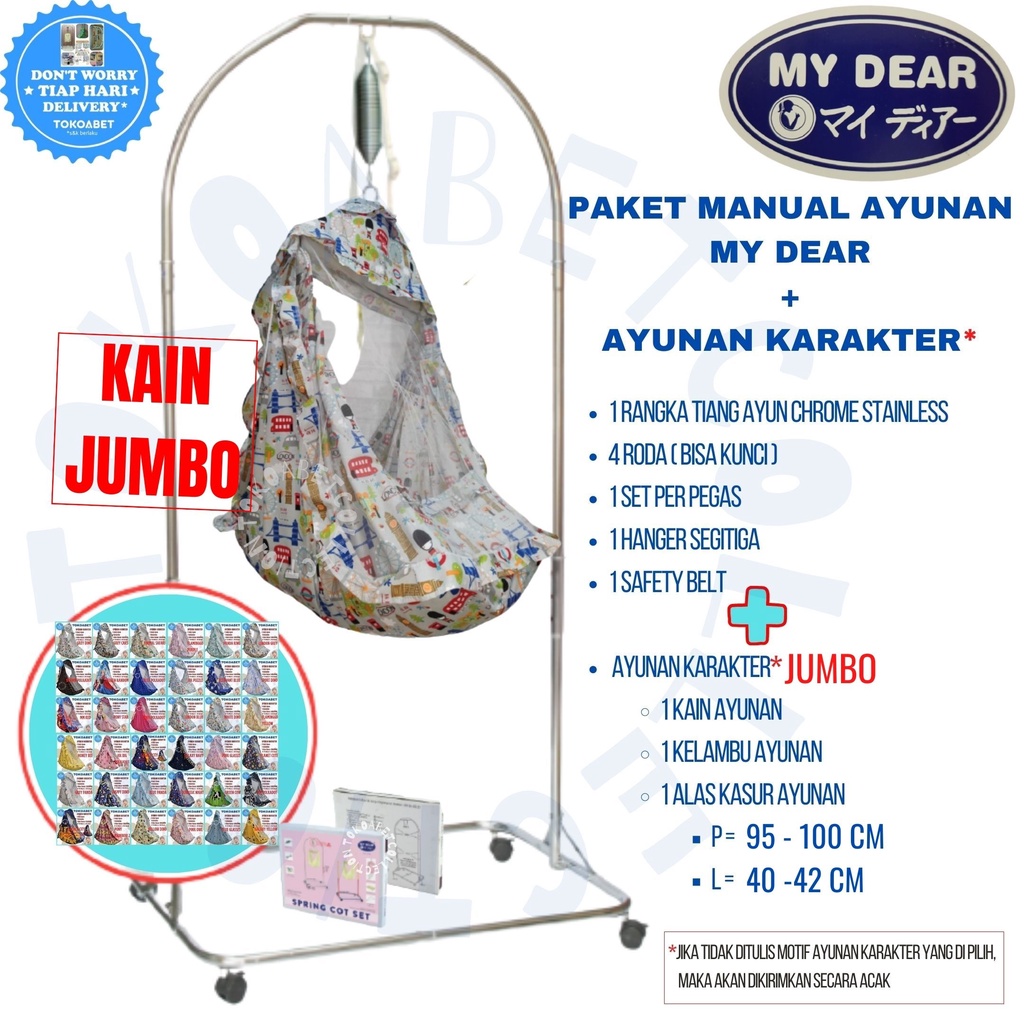 MY DEAR Paket Manual Tiang Ayunan Bayi Chrome Stainless Karakter Kain Kelambu Alas Kasur Per Hanger TOKOABET