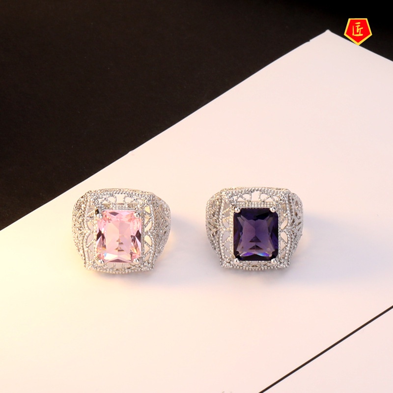 [Ready Stock]Elegant Vintage Hollow Silver Pink Diamond Amethyst Topaz Ring