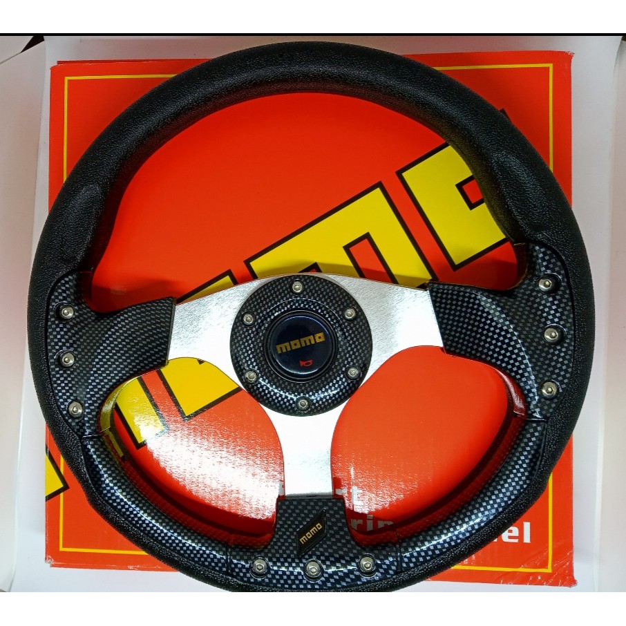 Stir Racing MOMO Corak CARBON Hitam Mewah 13 inch Datar Universal Setir 3 Palang Steering Wheel Momo