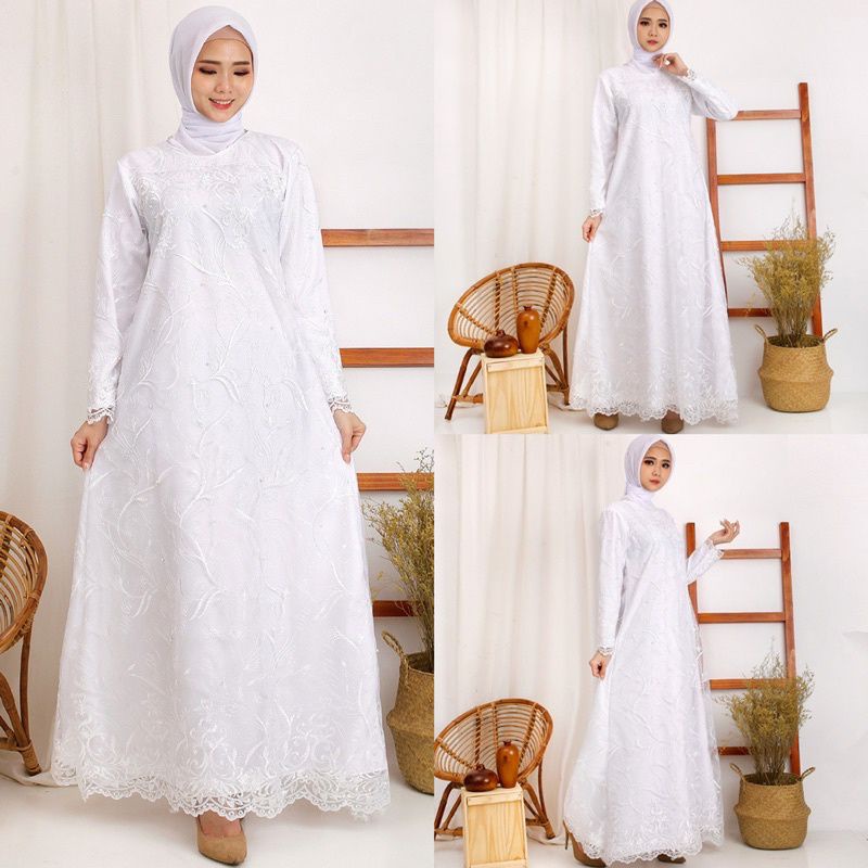 Jual dress brukat lilac brokat timbul bella dress putih brokat seragam