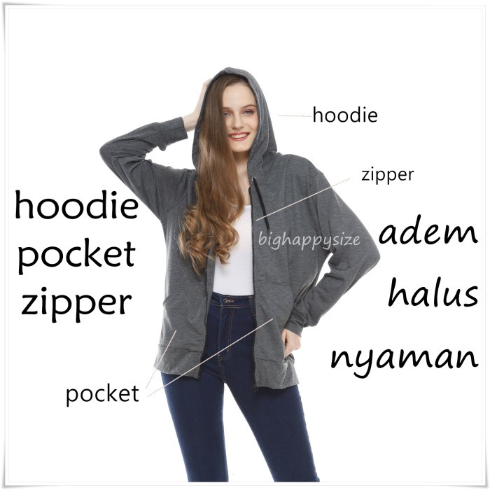 Hoodie Oversize Jaket Jumbo Wanita Bighappysize - Xl Ld 105-120, Grey Stok Terbatas