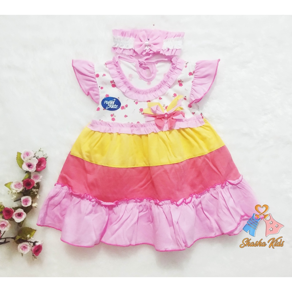 [S-033] Baju Bayi Perempuan /Dress Bayi Perempuan Planet Kids  cantik Murah 0-6 bln Bonus BANDANA &amp; Celana dalam Bayi