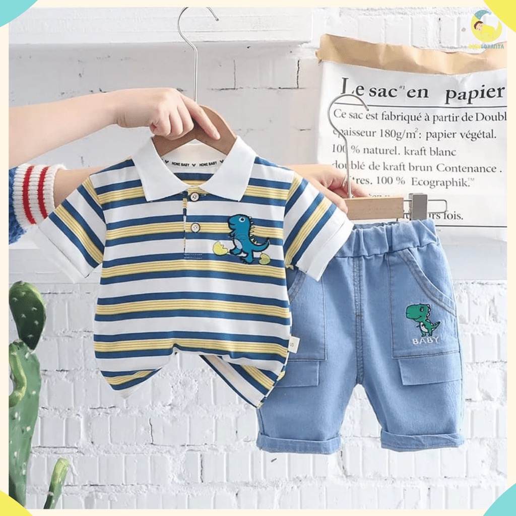 BABYLOVANTA - setelan anak laki-laki keren / setelan babyboy / setelan import premium / setelan motif MINI DINO SALUR