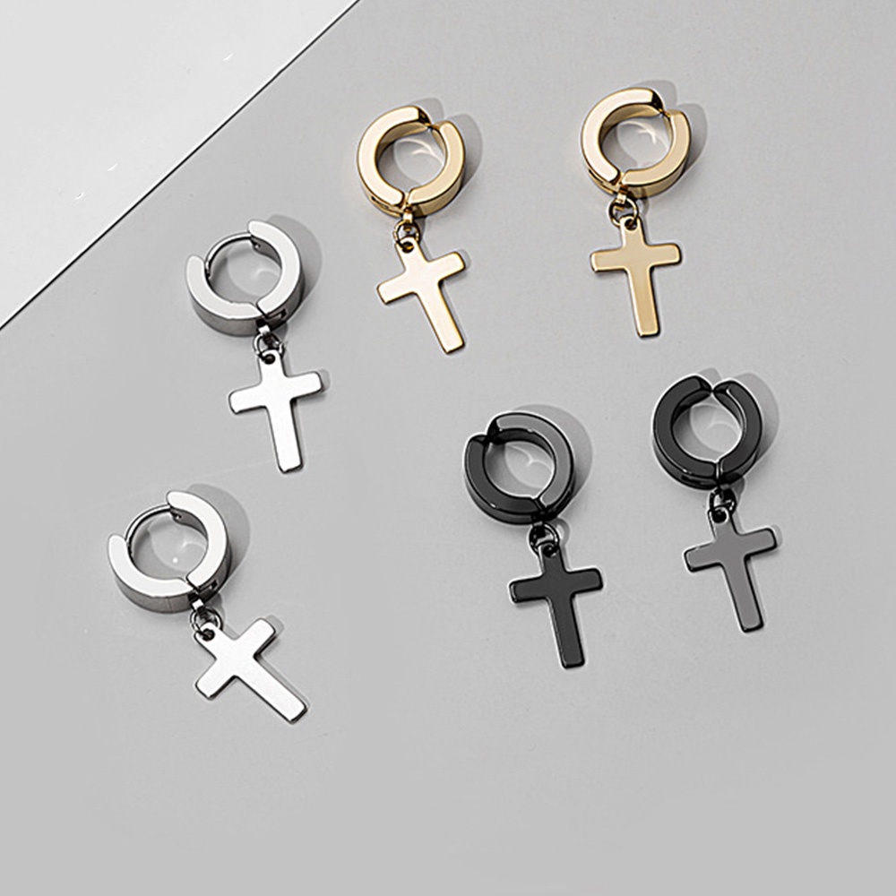 Anting Salib Bahan Stainless Steel Gaya Gothic Punk Rock Warna Emas Hitam Silver Untuk Pria Dan Wanita