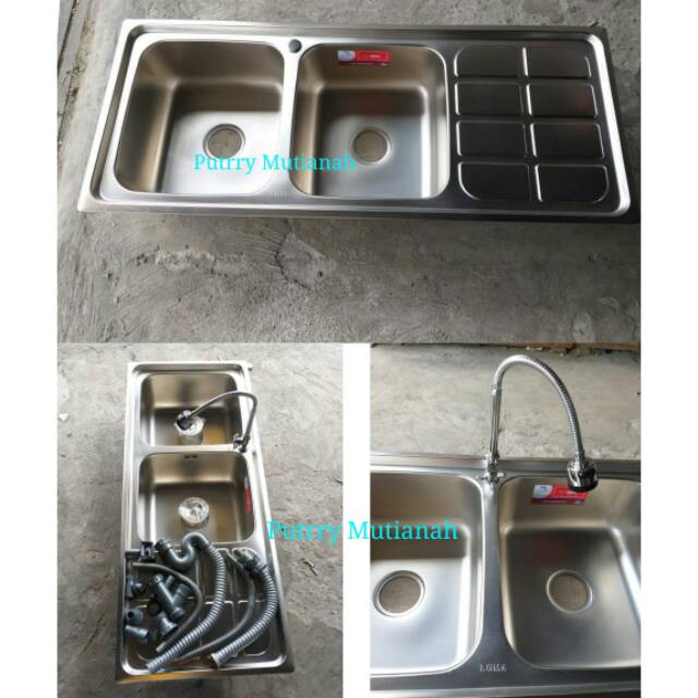 SALE Bak cuci piring stainless wastafel cuci piring 2 lubang stainless tebal kran tanam fleksibel wa
