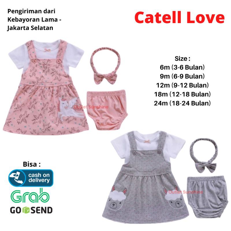 Baju Set 4in1 Kaos Overall Dress Bandana Catell Love Anak Bayi Perempuan Motif