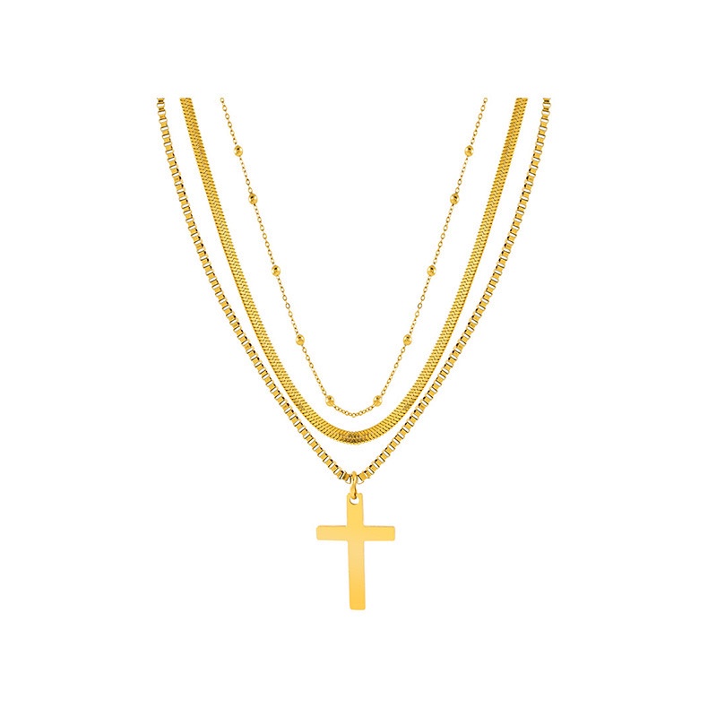 Kalung Multilayer Titanium Steel Gold Liontin Salib Modis