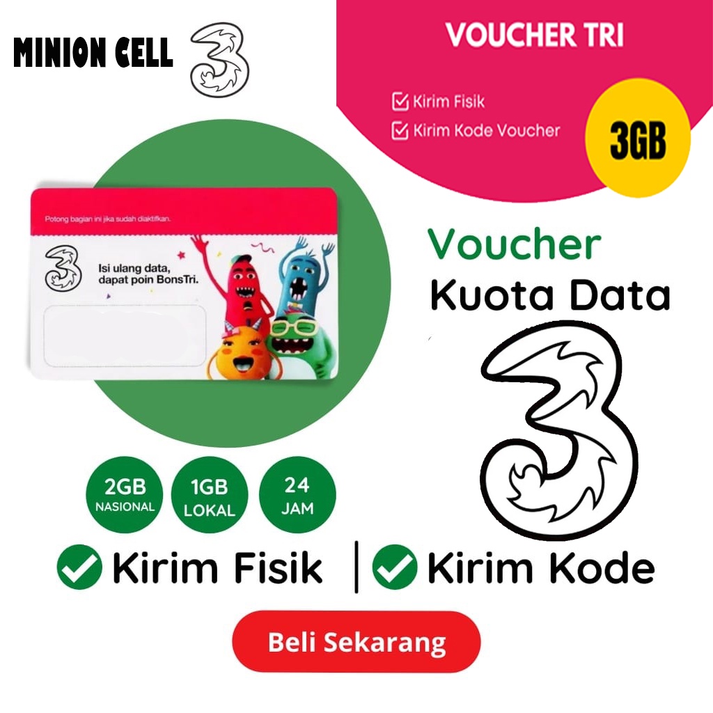 VOUCHER TRI (KIRIM KODE FISIK) VOUCHER DATA KUOTA TRI MINI THREE HARIAN