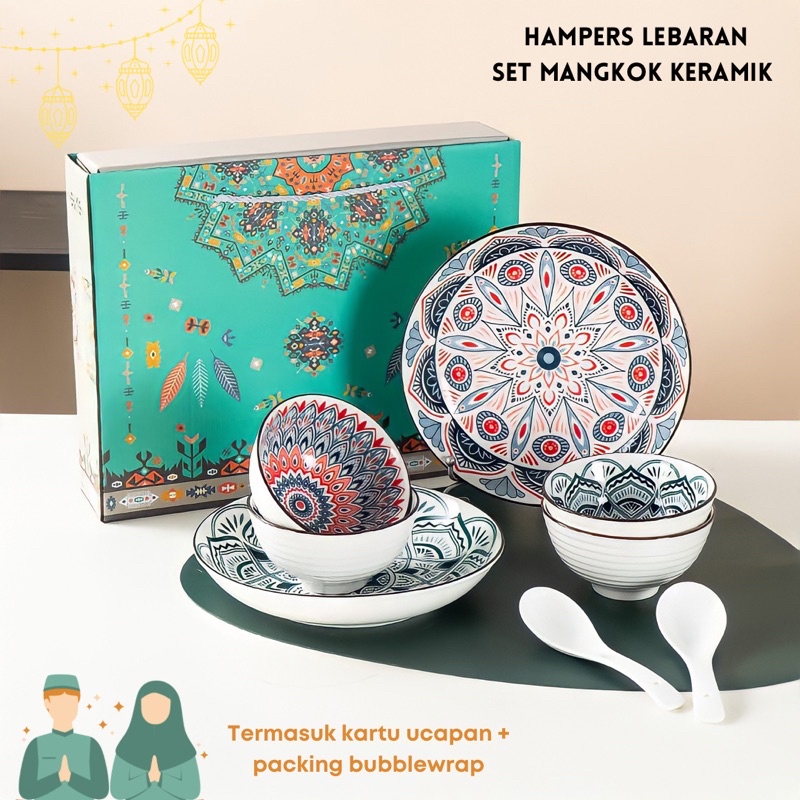 Hampers lebaran mangkok keramik set piring cantik import 2 piring dan 4 mangkok hadiah idul fitri eid mubarak ide kado gift bowl ceramic plate