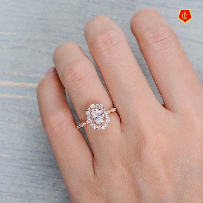 [Ready Stock]Elegant Moissanite Oval Micro Inlaid with Diamond Ring