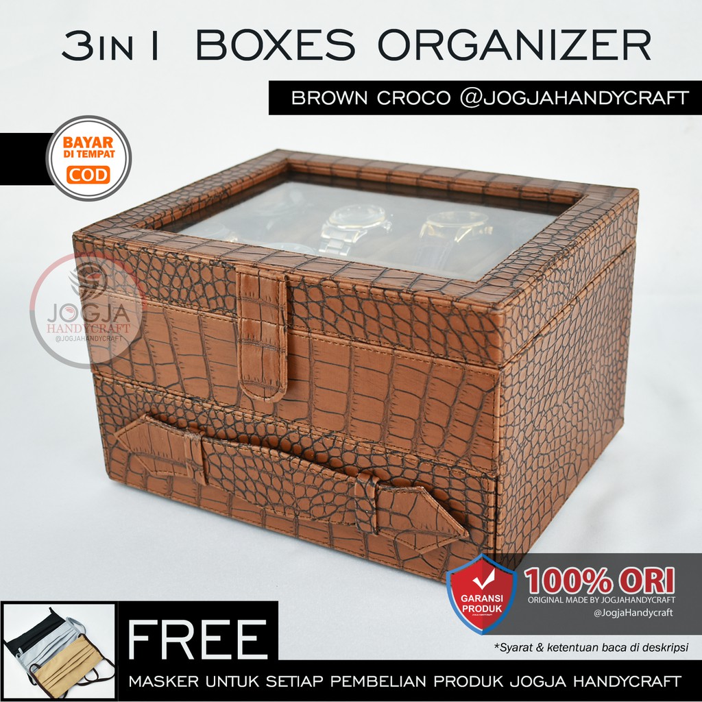 Premium Brown croco - Box Kotak Jam Tangan Jumbo isi 6 mix Tempat Perhiasan Susun