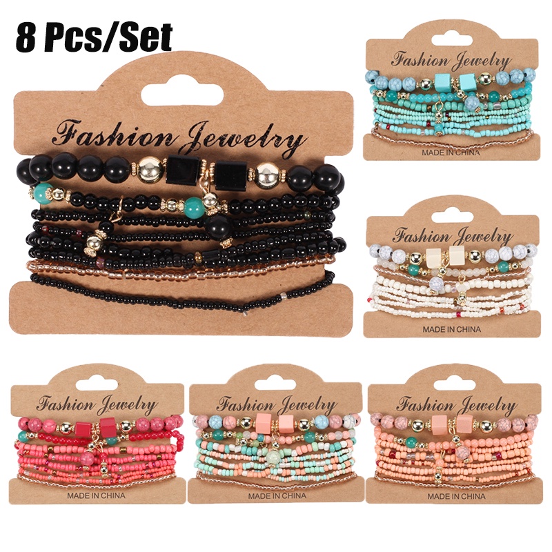 8 Pcs / Set Gelang Manik-Manik Batu Kristal Rumbai Multilayer Gaya Bohemian Untuk Wanita