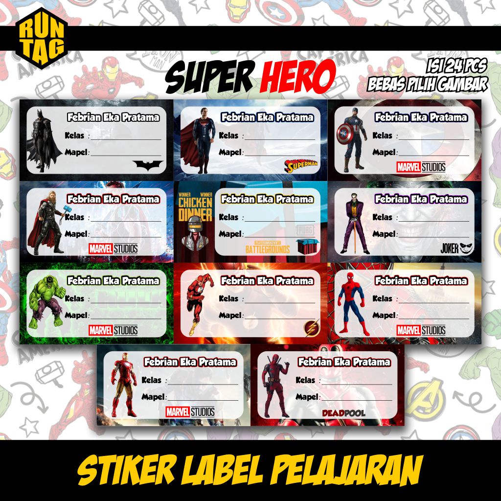

stiker label mata pelajaran buku sekolah custom super hero