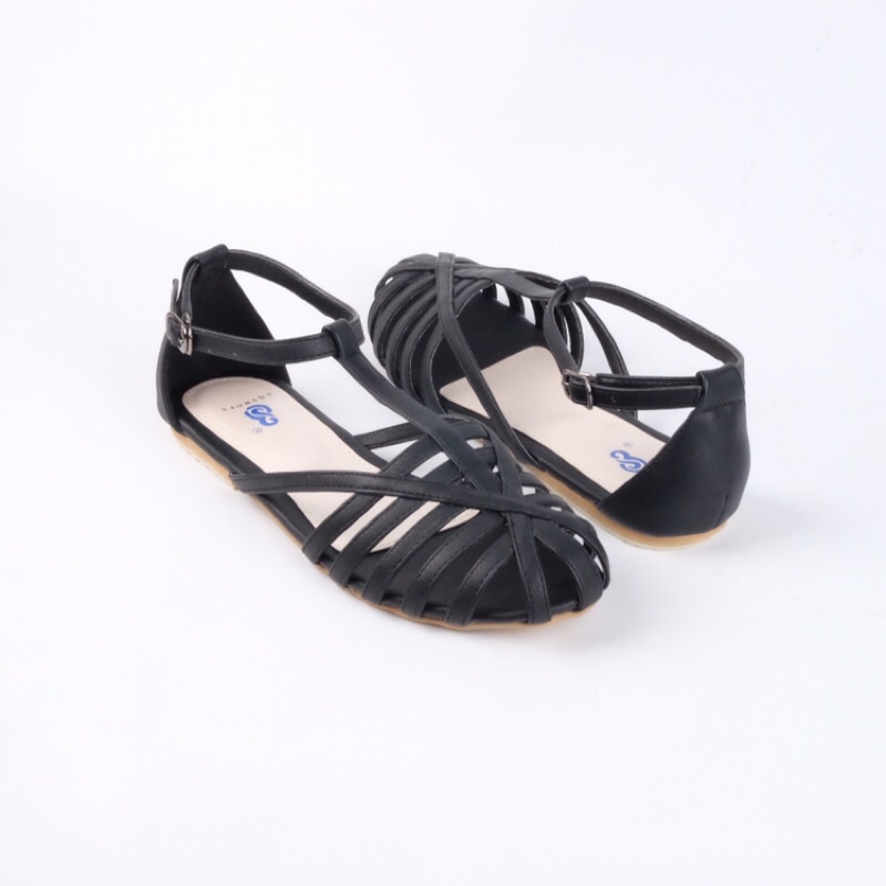 [SIAP KIRIM] BRShoes40 Ft Hitam Sandal Tali Casual Flat Wanita