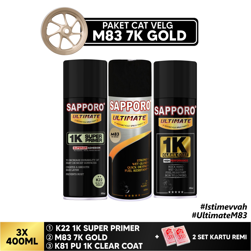 Paket Cat Velg M83 7K Gold + FREE Kartu Remi Part 1 / Sapporo Ultimate / Cat Spray Semprot Aerosol Terbaik