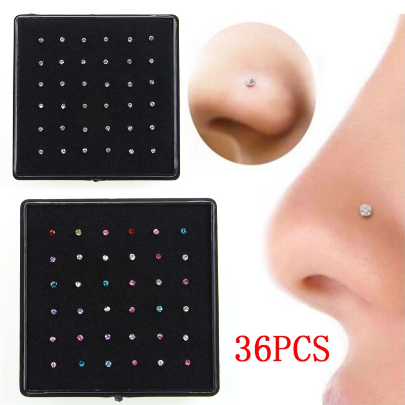 36pcs Anting Tindik Hidung Bahan Stainless Steel Dengan Kristal Berlian Imitasi