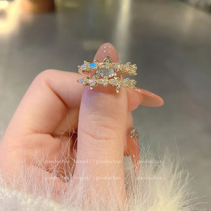 Cincin Adjustable Pembukaan Berlian Baris Ganda Modis