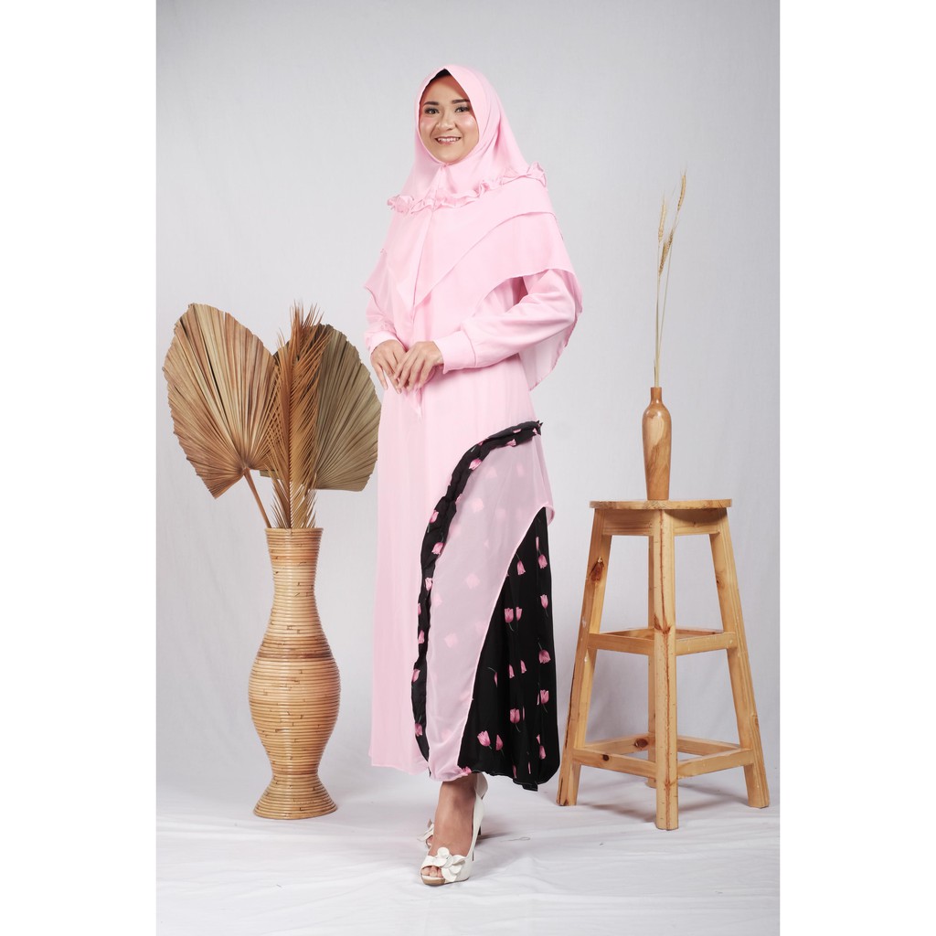 GAMIS SET KHIMAR ceruty babydoll motif LAYLA muslim wanita terbaru lebaran