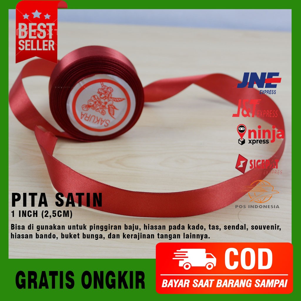 Pita Satin 1 Inch Per Roll Bisa Untuk Kado/Dekorasi Pohon Natal/Hiasan Souvenir Bisa Gratis Ongkir