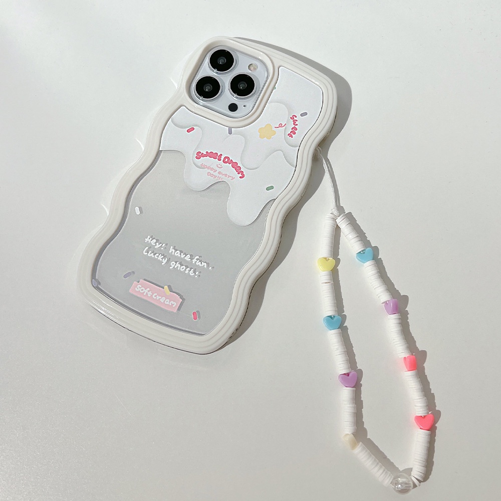 Cream 2in1 Transparan Penuh Perlindungan Ponsel Case Cover Dengan Rantai Manik-Manik Tembikar Lembut Untuk Iphone X XR XS 11 12 13 14 PLUS PRO MAX