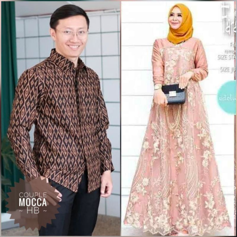 COUPLE BATIK SARIMBIT COPEL WARNA MOCCA KEMEJA BATIK DRESS BROKAT TILLE MODIS MODERN BAJU PASANGAN P