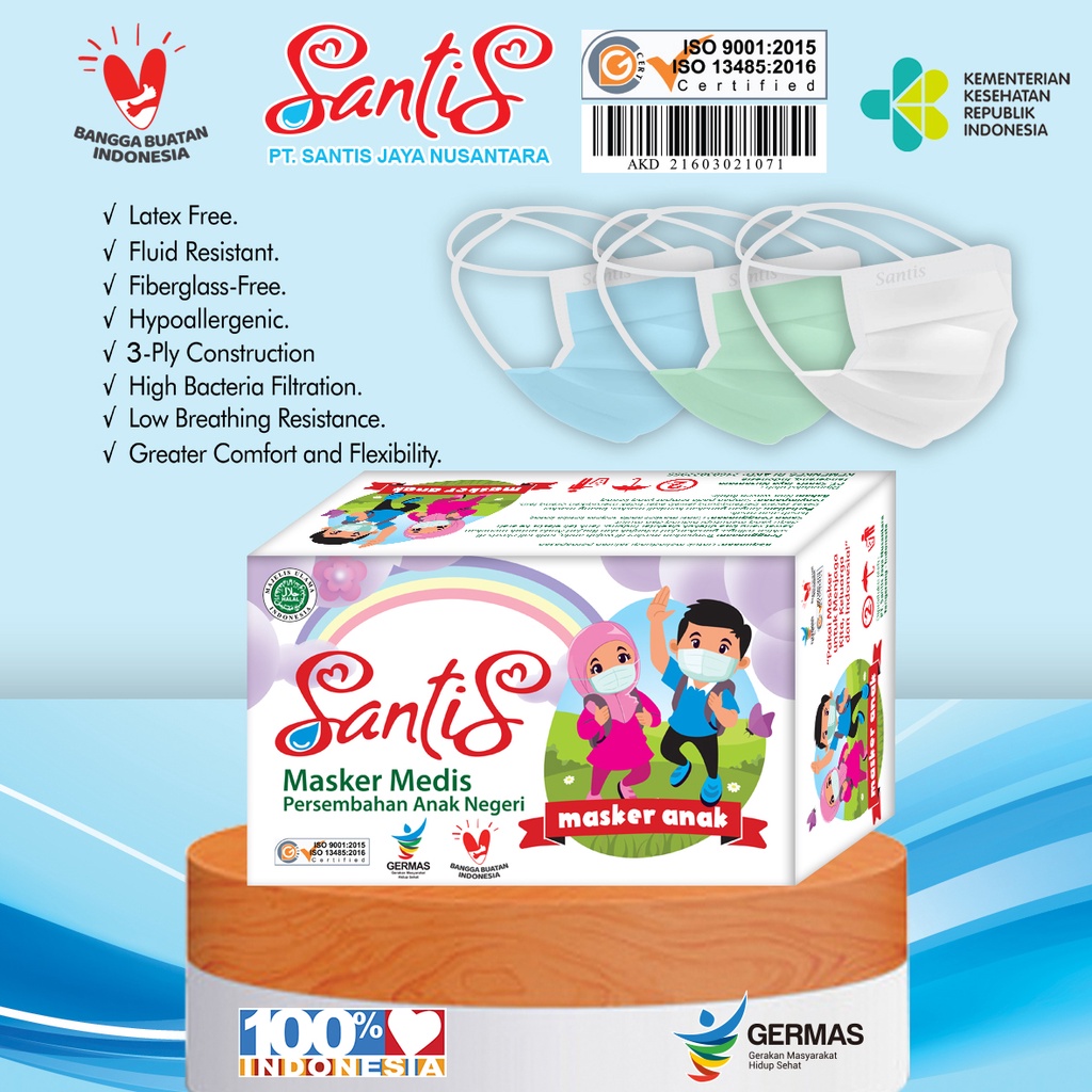 Masker Medis Anak 3 ply SANTIS Warna / Surgical Face Mask Kids