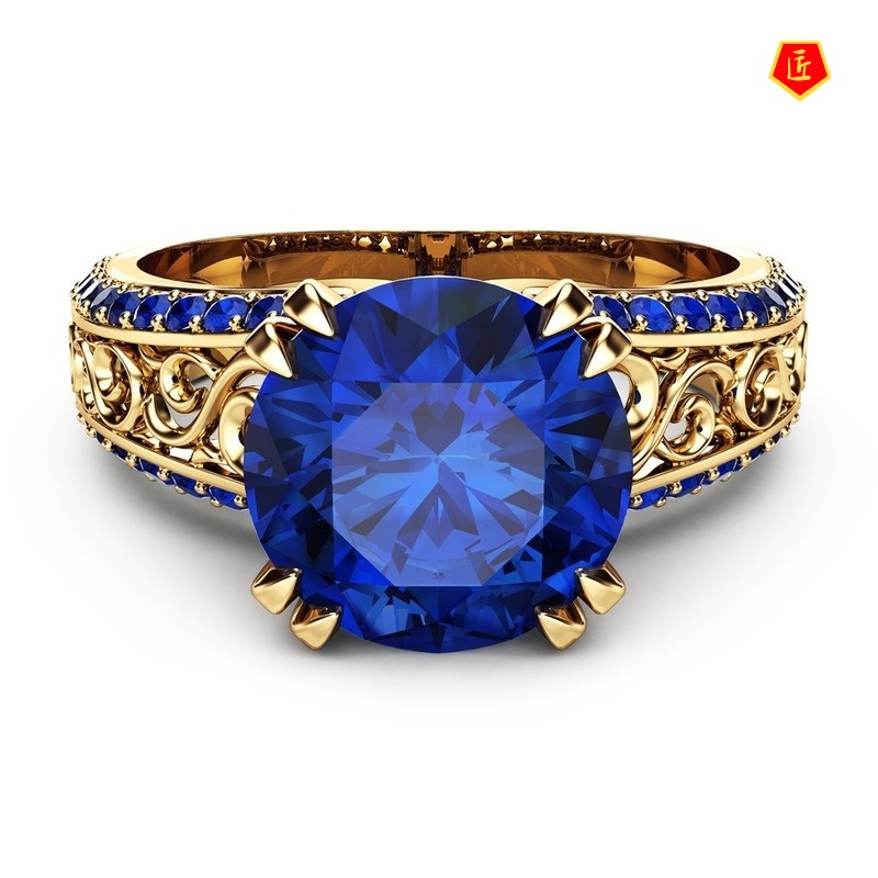 [Ready Stock]Ruby Hollow Flower Ring Micro-Inlaid 14K Gold Sapphire