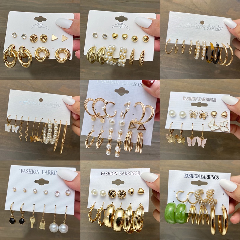 6Pcs/Set anting korea wanita Hoop Bentuk Kupu Aksen Mutiara anting emas asli Bahan Akrilik Untuk perhiasan aksesoris