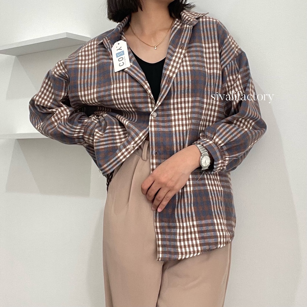 SIVALI Kemeja Flanel Blouse Kotak Tartan - Kotak Baju Korean Style Wanita Kemeja Wanita Casual