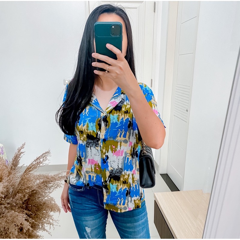 Double Lucky / Kemeja Rayon Pendek / Kemeja Wanita Rayon / Baju Atasan Wanita / Corak-Hawaii blue