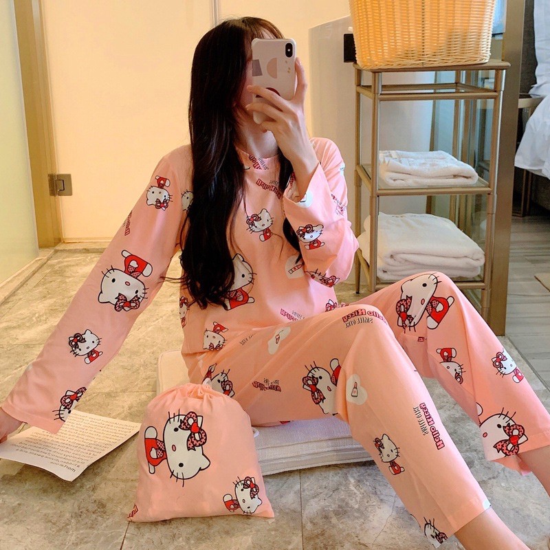 Setelan Lengan Panjang Piyama Baju Tidur Wanita Kartun Karakter Pajamas Dewasa-SET PJG Helo Kiti