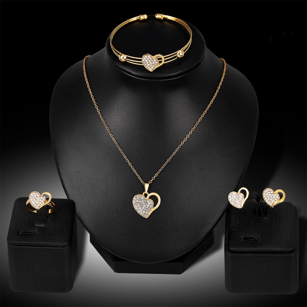 OW@ Rhinestone Hollow Love Heart Necklace Bangle Ring Earrings Banquet Jewelry Set