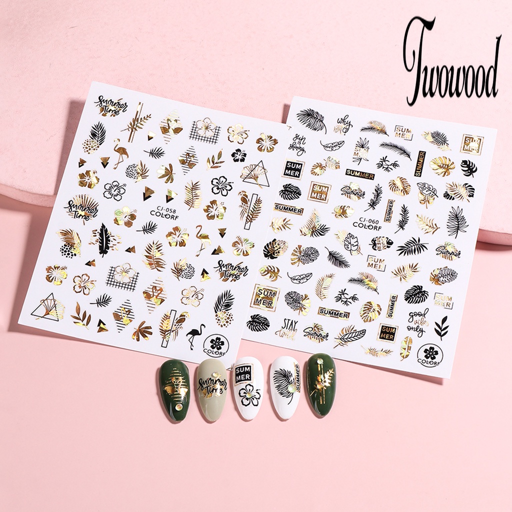 Twowood Stiker Kuku Motif Daun Hijau Untuk Dekorasi Nail Art Stiker Kuku Motif Graffiti 2D Dengan Perekat Untuk Manicure